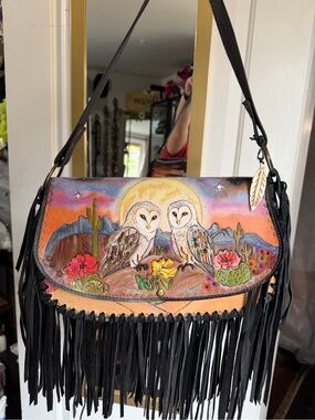 Boho Hand-Painted Owl Fringe Crossbody Bag - Multicolor